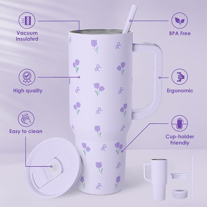 Floral 40oz Tumbler with Handle and Straw – Tulip Insulated Stainless Steel Travel Coffee Mug for Women Girls, Floral Gift Idea for Birthday Christmas Mothers Day