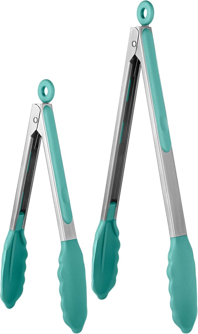 U-Taste Kitchen Tongs for Cooking, 600ºF Heat-Resistant Tps, 2Pcs/Aqua Sky | Silicone Tong Set 9/12in, Salad/Grill/BBQ Plastic Tong for Food Serving, Rubber Tipped Tong with 18/8 Stainless Steel Handle