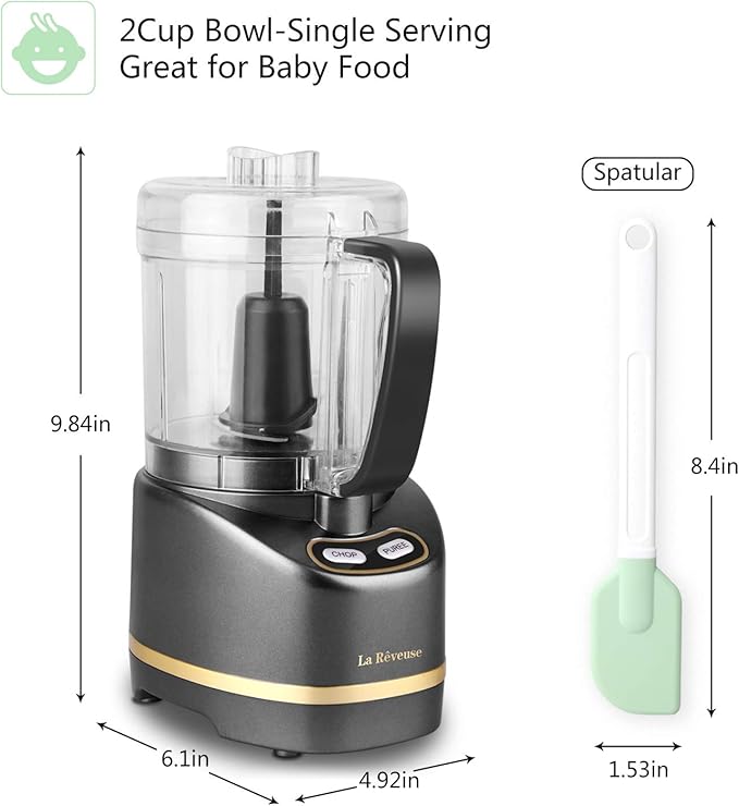 La Reveuse 2 Cup Mini Food Processor, Electric Chopper Small, Metallic Grey | for Mincing, Chopping, Grinding, Blending, Puree, 2 Pulse Speeds, Dishwasher Safe, (1) Spatula Included, 200 Watts, LARB1814B