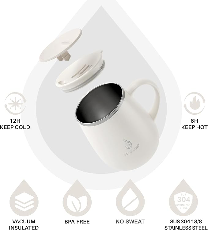 Ideus 16 oz Insulated Coffee Mug with Handle and Lid, Double Wall Stainless Steel Vacuum Thermal Coffee Mug, Travel Coffee Cup Thermal Cup for Home and Office, White