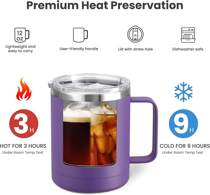 MEWAY 12oz Coffee Mug With Handle 2 Pack Bulk,Stainless Steel Insulated Travel Tumblers With Sliding Lid,Double Wall Vacuum Camping Cup for Hot & Cold Drinks Tea (Purple,Set of 2)