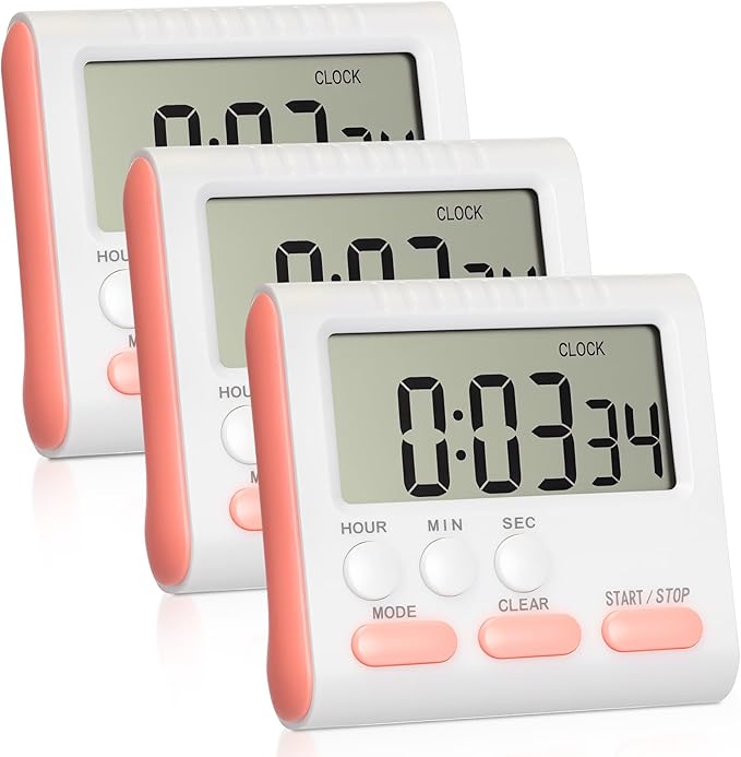 Mudder 3 Pack Digital Kitchen Timer for Cooking, Large Digits, 24 Hour Magnetic Backing Stand Kitchen Timers Clock for Classroom Kids Teachers, Loud Alarm and Large Screen (Pink)