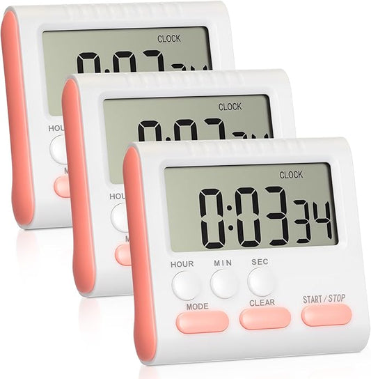 Mudder 3 Pack Digital Kitchen Timer for Cooking, Large Digits, 24 Hour Magnetic Backing Stand Kitchen Timers Clock for Classroom Kids Teachers, Loud Alarm and Large Screen (Pink)
