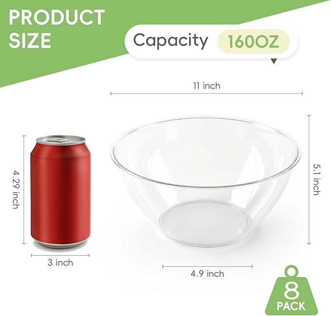 HOMIP 8PCS 160oz Clear Plastic Serving Bowls, Large Round Punch Bowls | for Fruits, Popcorn, Chips, Dips, Condiments, Durable Disposable Serving Bowl for Events and Buffets