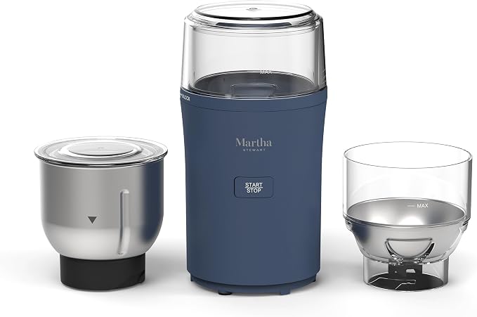 Martha Stewart Electric Coffee & Spice Grinder with Dual Bowls, Indigo Blue | Dual 2.5oz Removable Bowls for Coffee Beans, Nuts, Herbs & Spices, Stainless Steel Blade, One-Touch Pulse Control, Easy Clean