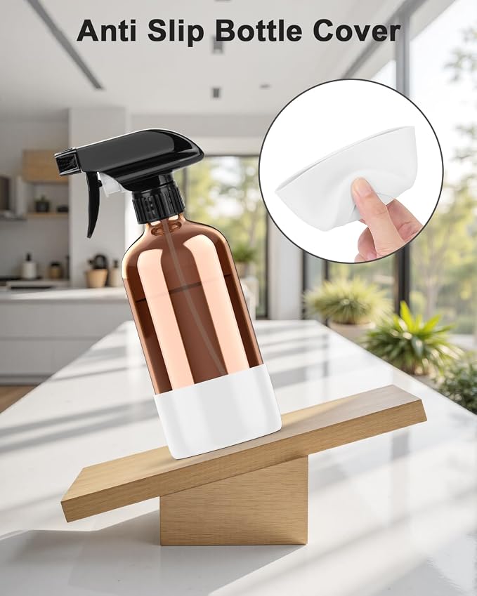 Bontip Amber Glass Spray Bottle, 16 oz with White Silicone Sleeve, 1 Pack | Refillable amber glass bottle, With protective silicone sleeve, BPA-free, UV shielding, Great for cleaning solutions,plants