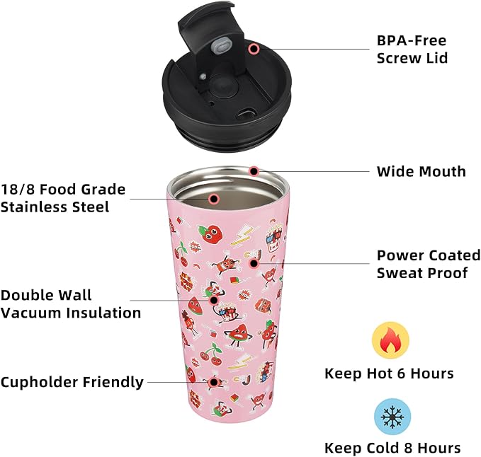 BJPKPK 22 oz Coffee Tumbler with Straw, Insulated Stainless Steel Cup | Double Wall Vacuum, Leak Proof Lid, Keeps Hot/Cold/Iced, BPA Free, Cupholder Friendly, Travel, Passionate-Pink