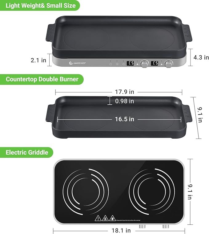 AMZCHEF Double Induction Cooktop, 1800W 2 Burner with Griddle Pan, Grey | non-stick removable griddle pan; ceramic glass surface; 2 independent cooking zones; 9 power levels; 99-min timer; child lock