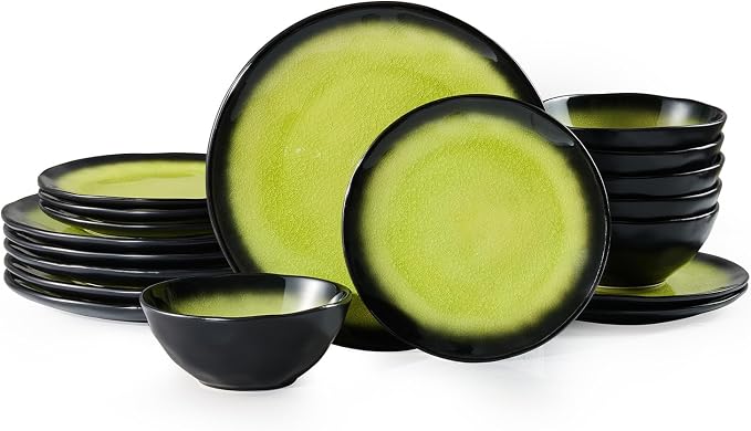 18-Piece Dinnerware Set for 6, Ice Crackle Glaze Plates & Bowls | Gradient Green to Black Ombre Dinner Dish Set, Microwave, Dishwasher & Oven Safe, Unique Holidays & Weddings Gift