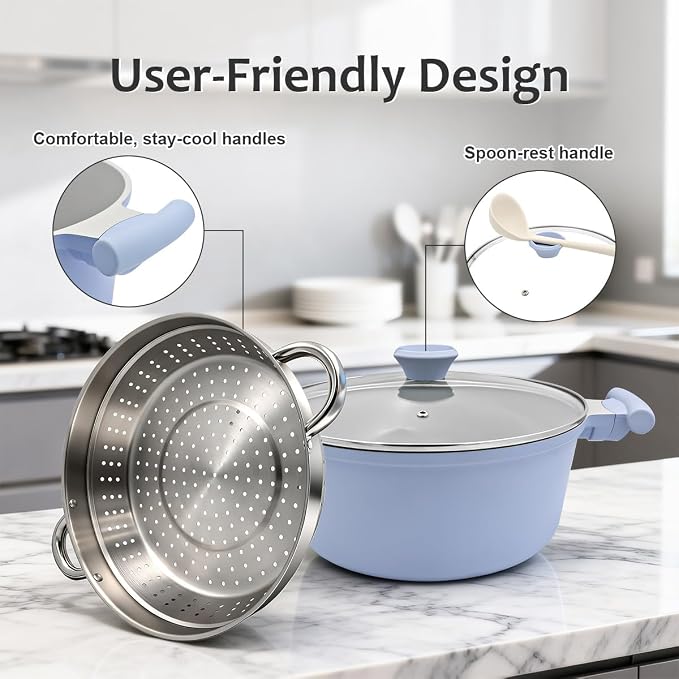 AIKENBBKK Ceramic Steamer Pot for Cooking, 7 QT Large Steaming Pot with Lid, Nonstick Cooking Pot with Steamer Basket, Big Steamer Cookware for Vegetable, Food, Dumplings, Induction Compatible, Blue