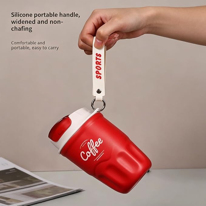 Coffee Vacuum Flask, Portable Coffee Cup with Lid & Handle, Lightweight Insulated Coffee Vacuum Flask, Travel Coffee Mug for Hot And Cold Drinks (Red, Temperature Display)