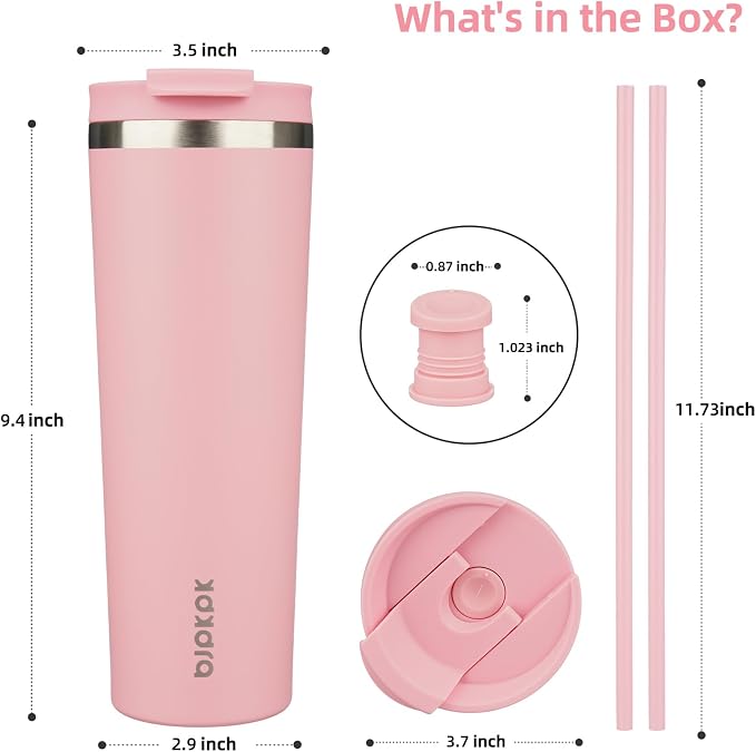 BJPKPK 30 oz Coffee Tumbler with Straw, Insulated Stainless Steel Cup | Double Wall Vacuum, Leak Proof Lid, Keeps Hot/Cold/Iced, BPA Free, Dishwasher Safe, Travel & Outdoor, Light Pink