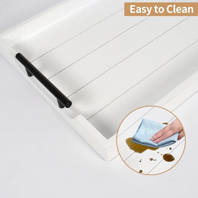 SXNOWS Wood Serving Tray with 2 Sets of Handles,White | Rectangle 16.5x13 Inch Ottoman Decorative Tray Platter for Coffee Table Living Room Bar Breakfast in Bed, 4 Coasters Included