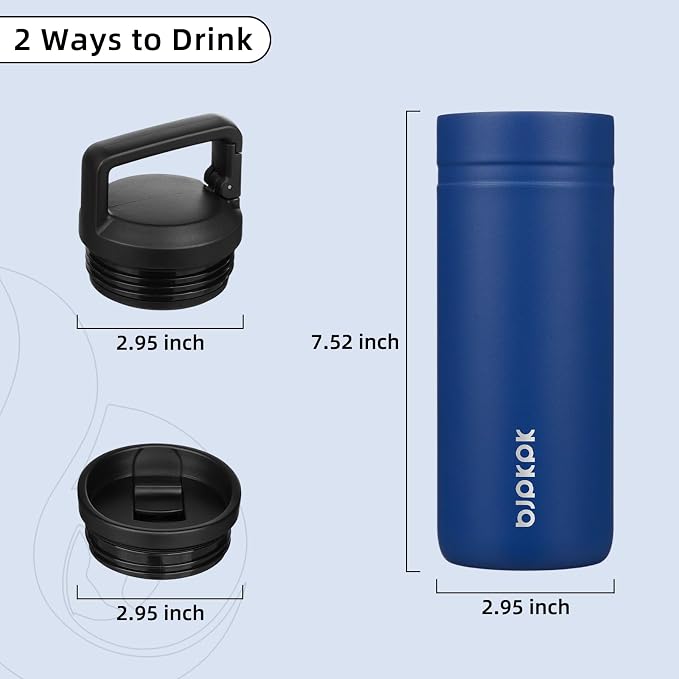 BJPKPK 20 oz Insulated Travel Water Bottle, Coffee Tumbler Stainless Steel | Double Wall Vacuum, Leakproof, Thermal, Keeps Hot/Cold, Dishwasher Safe, Spill Proof, Wide Mouth, 2 Lids, Sapphire Blue
