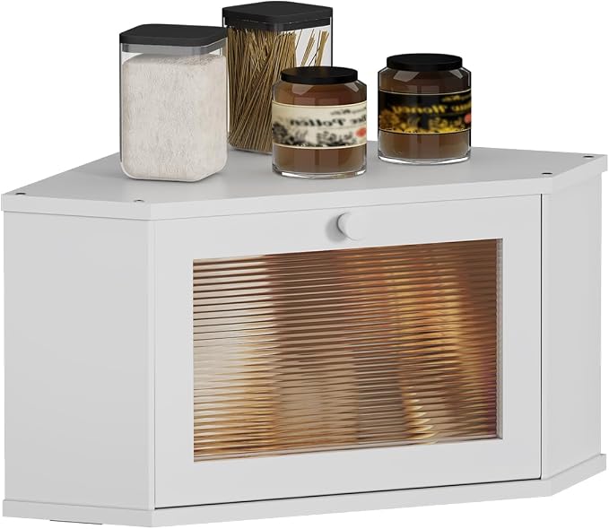 Corner Bread Box For Kitchen Countertop,Bread Storage Bin (White, Medium) | Small Bamboo Bread Container,Corner Shelf For Kitchen Decor