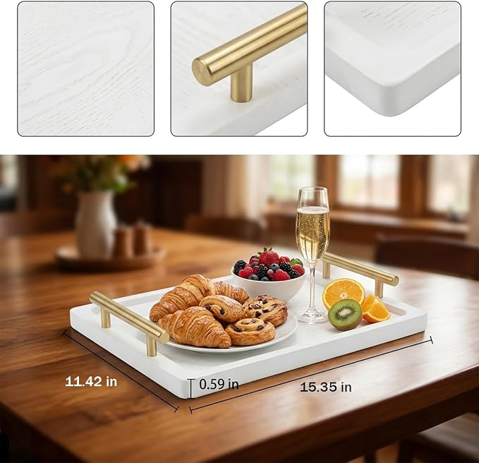 PEKER Wooden Serving Tray with Metal Handles, Black Decorative Coffee Table Tray for Breakfast in Bed, Ottoman & Home Décor, Wooden Food Tray for Kitchen (Bamboo White Large)