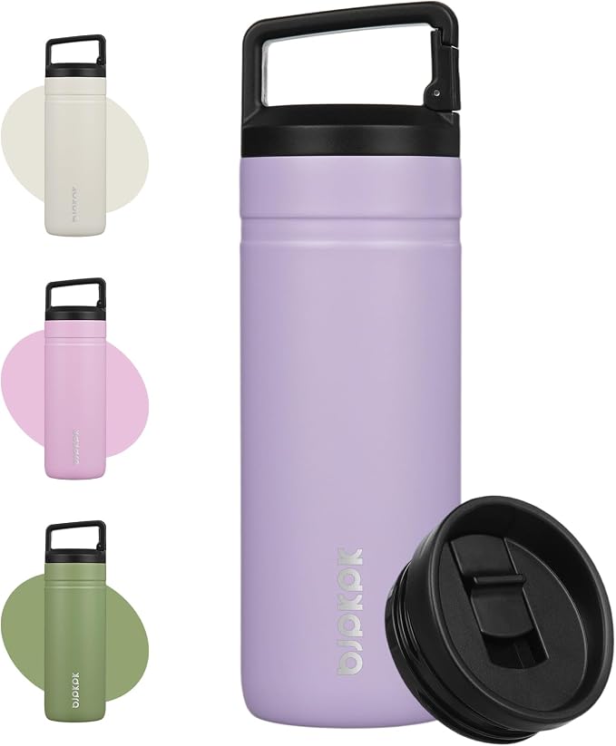 BJPKPK 20 oz Insulated Travel Water Bottle, Coffee Tumbler Stainless Steel | Double Wall Vacuum, Leakproof, Thermal, Keeps Hot/Cold, BPA Free, Dishwasher Safe, Spill Proof, Wide Mouth, 2 Lids, Purple