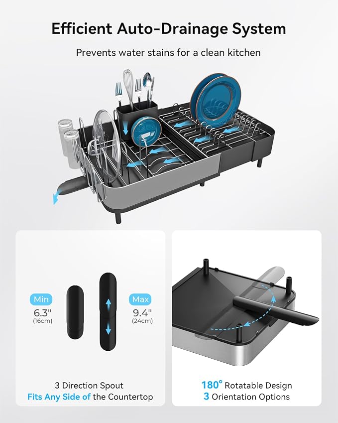 Expandable Dish Drying Rack, Versatile Brackets for Pots & Pans, Space Saving Kitchen Drying Rack, Dish Racks for Kitchen Counter, Stainless Steel Dish Drainers with Extendable Spout, Black