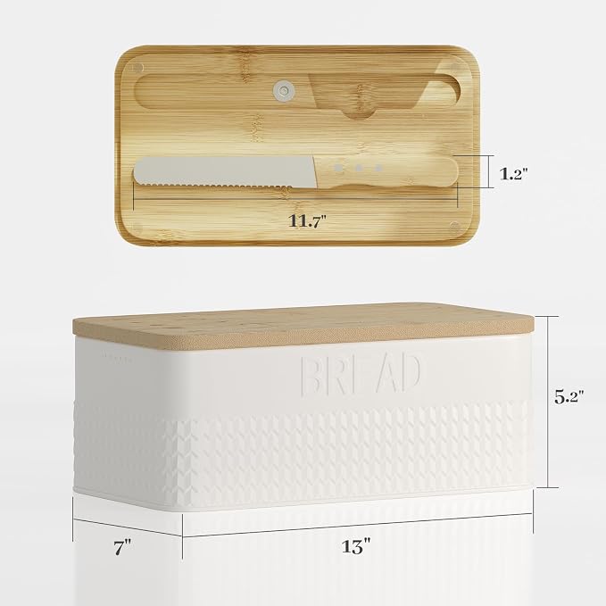 Bread Box for Kitchen Countertop - Metal Bread Storage with Bamboo Cutting Board Lid & Bread Knife, Corner Bread Container for Homemade Bread and Toast, White