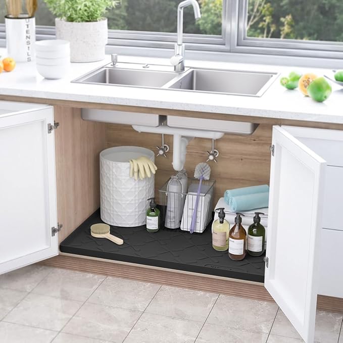 Waterproof Under Sink Mat Silicone 28"x19", Kitchen Cabinet Liner | BPA-Free Silicone Mat with Raised Lip Protects Cabinets from Leaks, Versatile Home Organizer for Bathroom, Pets, Boots, Floor