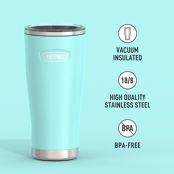 THERMOS Icon Series 24oz Stainless Steel Tumbler with Slide Lock Lid, Leakproof, Fits Cupholder, Dishwasher Safe, Griptec™ Non‑Slip Base, Keeps Drinks Hot 6 Hrs/Cold 22 Hrs, Sea Green