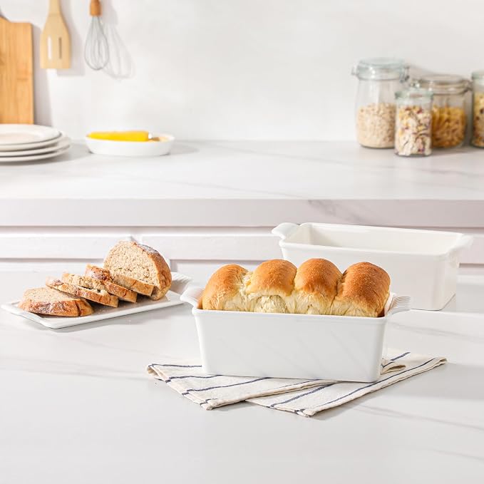 Ceramic Loaf Pan with Lid - 1.58 Qt Deep Bread Pan (10.94" x 5.23"), 2-in-1 Baking Dish for Homemade Bread Banana Bread Meatloaf, Oven Safe to 500°F, Dishwasher Freezer Safe, White