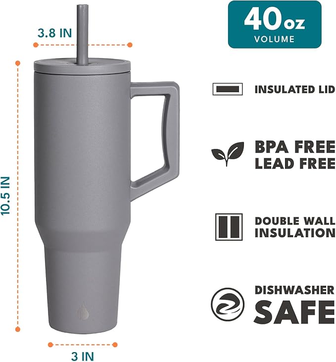 Elemental Spill Proof 40oz Insulated Tumbler with Handle & Straw Travel Mug | Stainless Steel Commuter Travel Coffee Mug for Cold Beverages, Includes 2 Straws & a Spill Proof Lid for Everyday Use