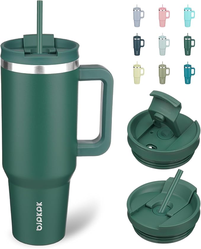 BJPKPK 40 oz Insulated Tumbler with Handle & Straw, Stainless Steel | Double Wall Vacuum Insulation, Leak Proof, BPA Free, Dishwasher Safe, Cupholder Friendly, Travel & Outdoor, Army Green