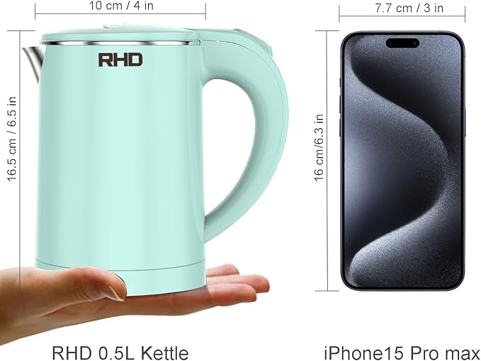 RHD 0.5L Small Portable Electric Kettle, 600W Stainless Steel Travel Kettle | Auto Shut-Off, Boil-Dry Protection, 304 BPA-Free Hot Water Boiler, Fast Boiling for Travel, Office, Dorm, Camping, Tea,Coffee