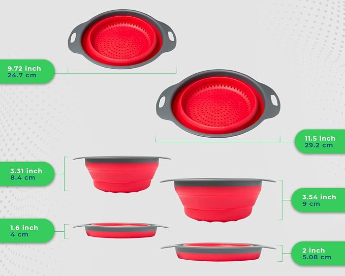 Comfify Ultimate Kitchen Strainers Set of 2 - Collapsible Silicone Colanders For Easy Storage - Use with Pasta & Veggies or as a Fruit or Berry Bowl with Strainer - Irreplaceable for Campers - Red | Red; silicone; set of 2 (8" & 9.5"); collapses to 1.2...