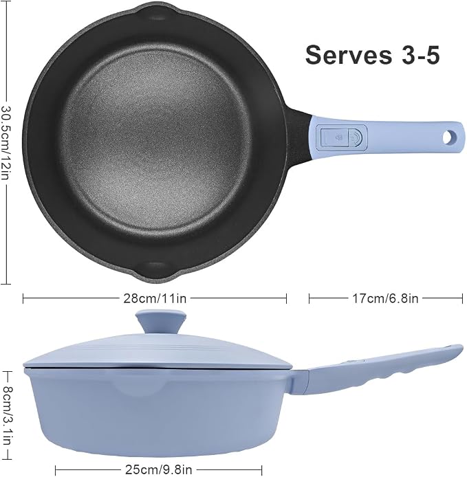 12 Inch Nonstick Deep Frying Pan Skillet with Lid,5 Qt Large Saute Pan,Blue | Detachable Handle, Suitable for All Stoves, Including Induction, PTFE & PFAS & PFOA Free, Oven Safe