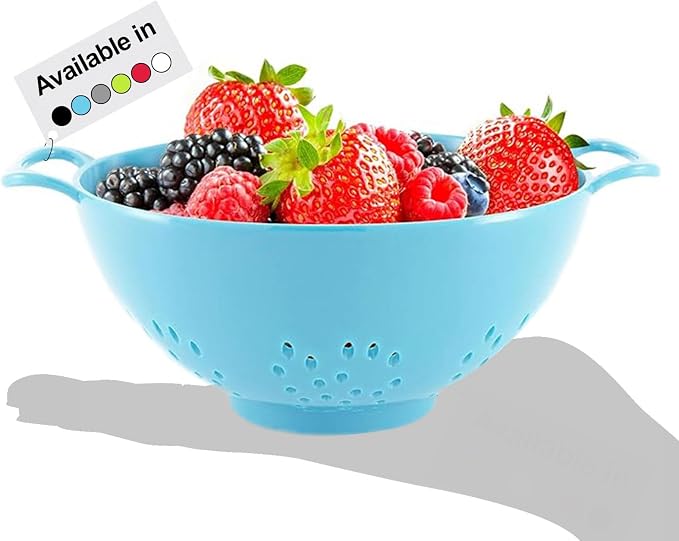 Meadow Lane 6-Inch Small Colander, 3-Cup Food Strainer, Light Blue | BPA-free, dishwasher-safe mini colander has a wide, shallow bowl, 1/8-inch holes, two handles, ring foot and smooth edges.