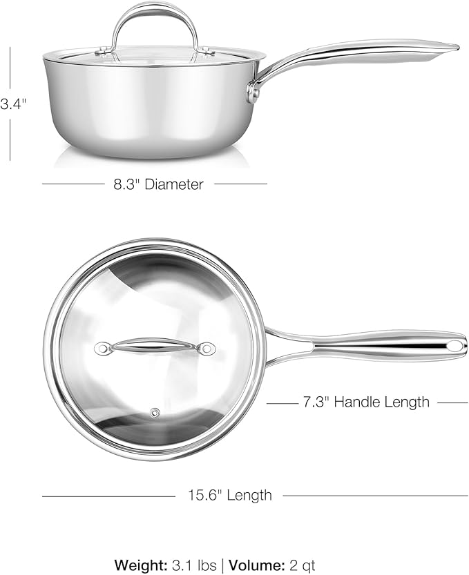KEAWELL K3 Premium Tri-Ply Fully Clad Saucepan with Lid (2-Qt) | Tri-Ply Fully Clad Stainless Steel Saucepan; Small Pot with Lid; Even Heating; Induction and Oven Safe; For All Stovetops