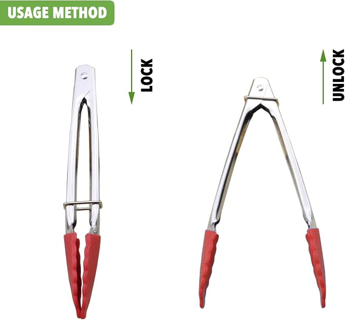 HINMAY Small Tongs with Silicone Tips 7 Inch Kitchen Tongs, Set of 3 (Red)