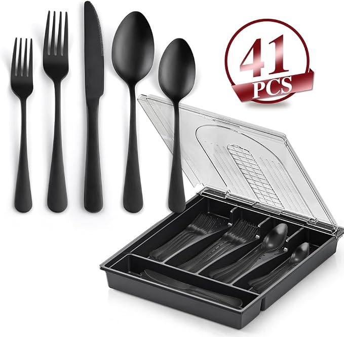 41-Piece Black Matte Silverware Set with Drawer Organizer, SANLUNS Stainless Steel Flatware Cutlery for 8 Utensil Set for Home Restaurant, Tableware Includes Knife Fork Spoon Set Dishwasher Safe