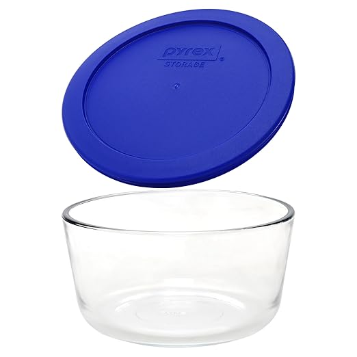 Pyrex 7201 (4-Cup) Glass Bowls & Cadet Blue Lids (4-Pack) - Made in USA | Tempered Construction | BPA-Free Plastic | Freezer Safe | Top-Rack Dishwasher Safe | Meal Prep & Kitchen Organization