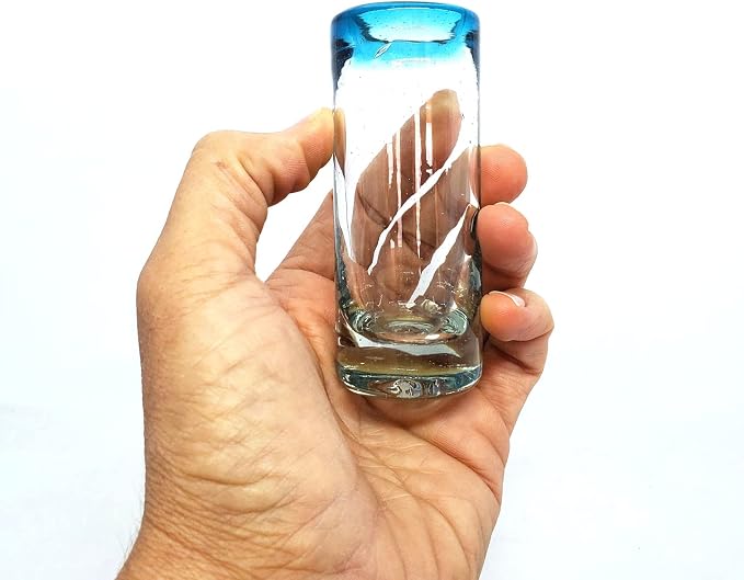 Aqua Blue Rim 2 oz Tequila Shot Glasses (set of 6), Recycled Glass, Lead-free, Toxin-Free (Shot)