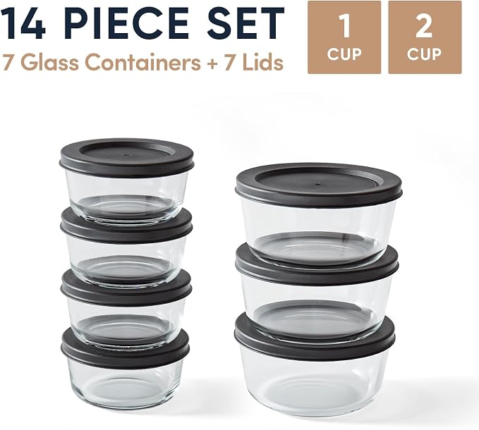 14-Piece Glass Food Storage Containers Set (7 Containers + 7 BPA-Free Lids) | 1-Cup & 2-Cup, Leakproof | Microwave, Freezer, Oven & Dishwasher Safe | Ideal for Meal Prep & Pantry Organization, Black