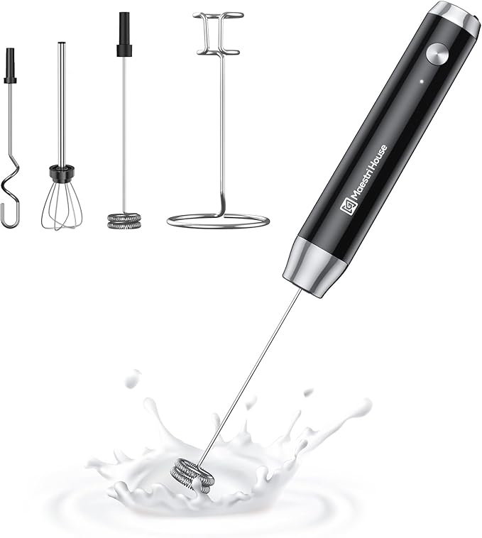 Maestri House Rechargeable Milk Frother,Stand & 3 Detachable Whisks | Lunafro Plus 8000RPM Turbo Motor, 1200mAh lithium battery, Handheld Milk Frother for, Cappuccino, Matcha & Protein Powder