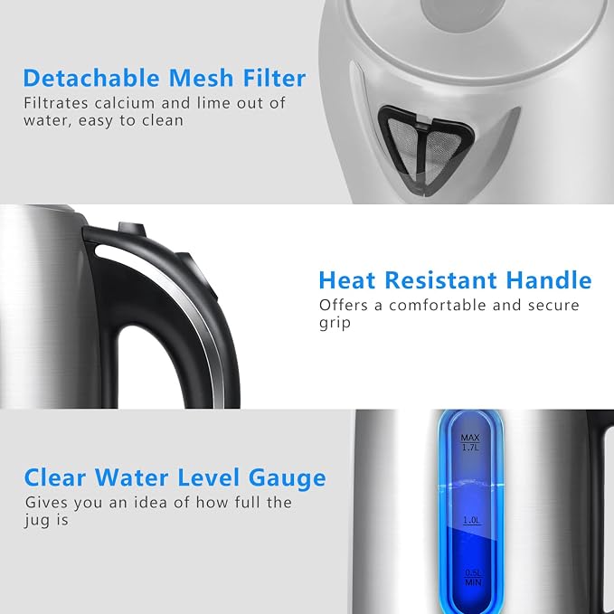 Aigostar Electric Kettle Stainless Steel, 1.7 Liter, Sliver | Cordless Tea Kettle, 1100W Hot Water Kettle with Auto Shut-Off, BPA-Free