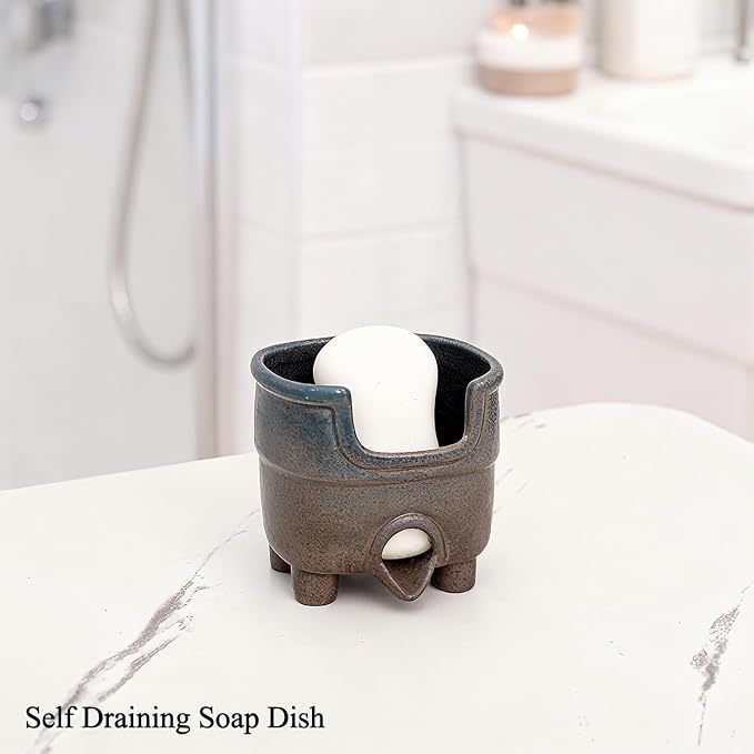Ceramic Sponge Holder with Drainage，Farmhouse Sink Caddy | Self Draining Organizer for Sponges, Soap, Brushes. Compact Rustic Kitchen Accessory Keeps Counter Dry & Tidy. Country Blue