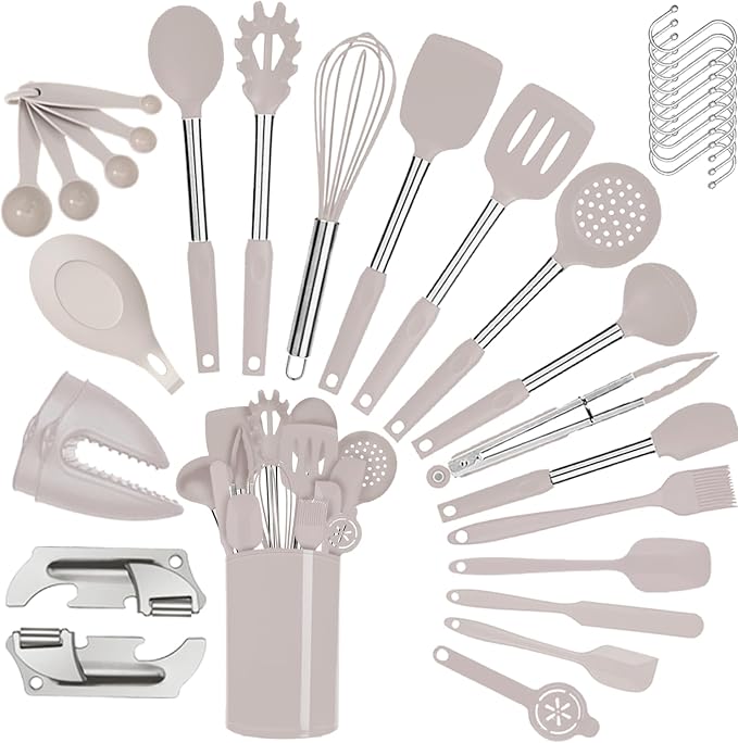 Silicone Kitchen Cooking Utensils Set with Stainless Steel Handle, Spatula Set Utensil Set, Cooking Utensil Set,Kitchen Tools Gadgets for Nonstick Cookware (35, Khaki)