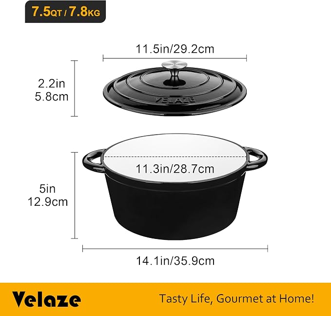 Velaze 7.5 QT Enameled Cast Iron Dutch Oven Pot with Lid,Black | Large Capacity for Cooking,Frying, Stewing,Bread Baking,and Roasting,Oven Safe,Dual Handles,Heavy Duty,Non-Stick Coating