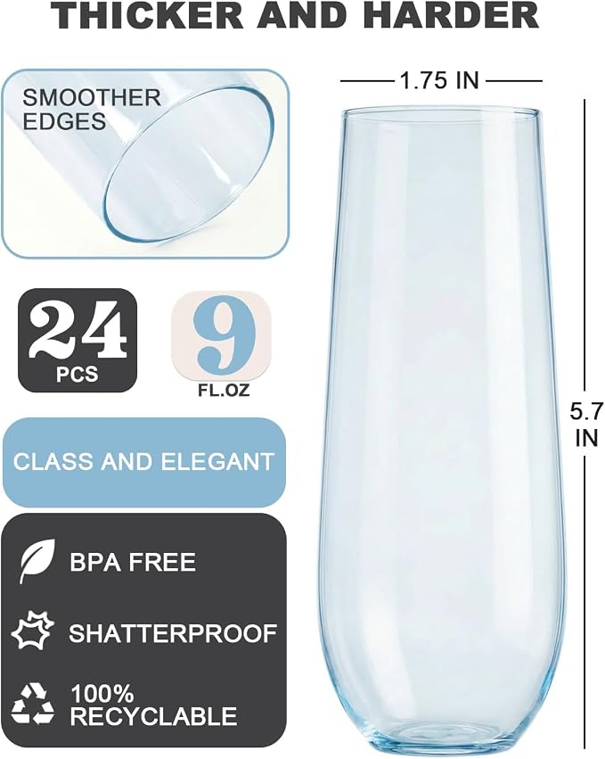24 Pack Plastic Champagne Flutes, 9 Oz Disposable Wine Mimosa Glasses | Stemless Champagne Flutes Cocktail Glasses, Plastic Party Cups for Bridal Shower Bachelorette Party (Blue)
