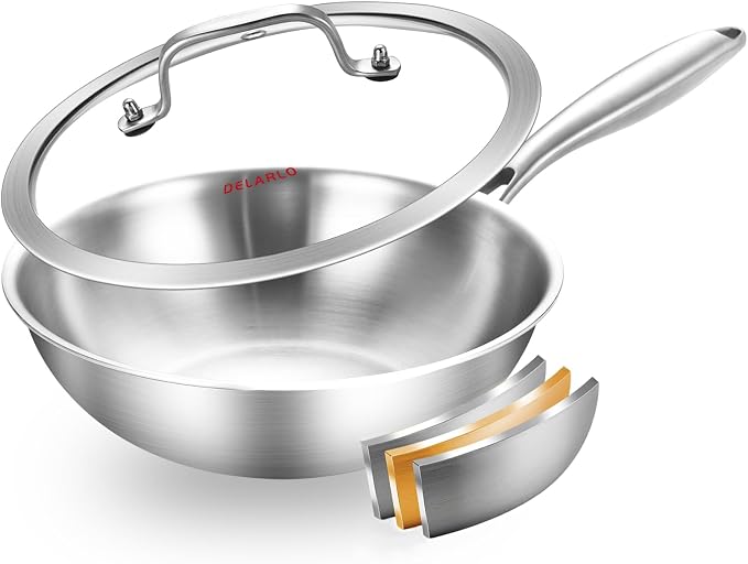 DELARLO Whole Body Tri-Ply Stainless Steel Wok 9.45 inch, Deep Kitchen Stir-Fry Pan, Small Wok Pan with Lids, Induction Mini wok, Suitable for All Stove, Up to 600℉, Detachable Handle