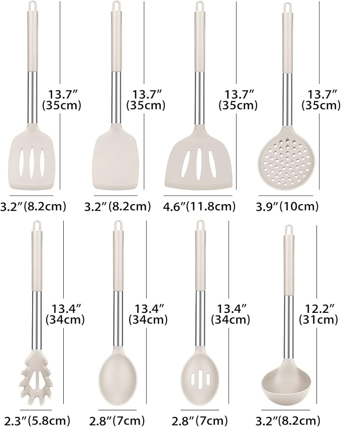 Silicone Cooking Utensils Set, 8 Pcs Kitchen Utensils with Holder, Khaki | BPA Free and Heat Resistant, Kitchen Tools for Non Stick Cookware include Spatulas, Turners, Spoons, Skimmer and Pasta Fork