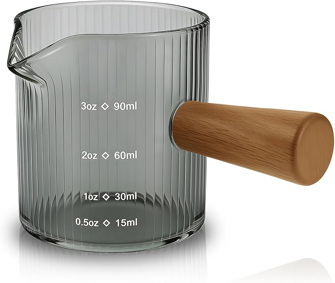 Espresso Measuring Cup 3 Oz, Espresso Glass Cups with Wood Handle, Milk Frothing Cup, Espresso Cup for Coffee, Milk, Tea or Maple Syrup Serving (Gray, 3 oz)