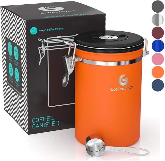Coffee Gator Coffee Canister, 22oz Airtight Stainless Steel Container | w/ Date Tracker, Scoop, Kitchen Food Storage Jars for Beans , Ground, Rice, Tea, Sugar, Cookie Jars, Bar Accessories, Orange