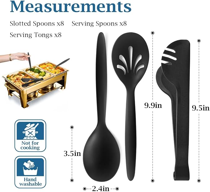 Reusable Plastic Serving Utensils Set of 24, Wheat straw Large Serving set 10" Serving Spoons/10" Slotted Spoons/9.4" Tongs, for Party Chafing Dish Buffet Catering (Black, Not for Cooking)
