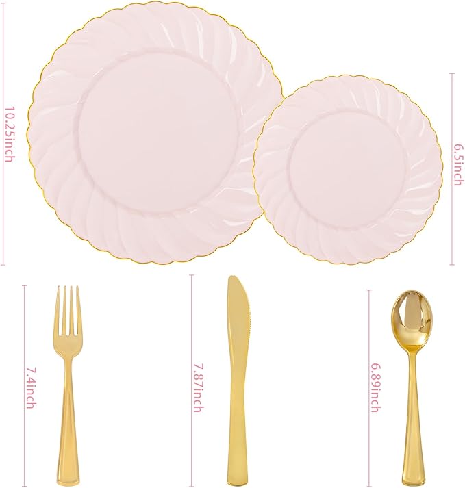 YOUBET 125PCS Pink Plastic Plates with Gold Rim for Wedding Birthday Party | Scalloped Plastic Plates Set Includes 25 Dinner Plate, 25 Dessert Plate, 75 Gold Silverware for 25 Guests Baby Shower